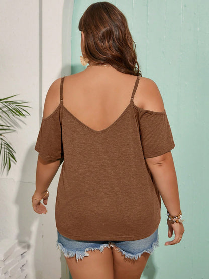Lounesse Plus Size Olive Green Cold Shoulder Neckline Casual Summer T-Shirt Country Concert Tops, Cute Top