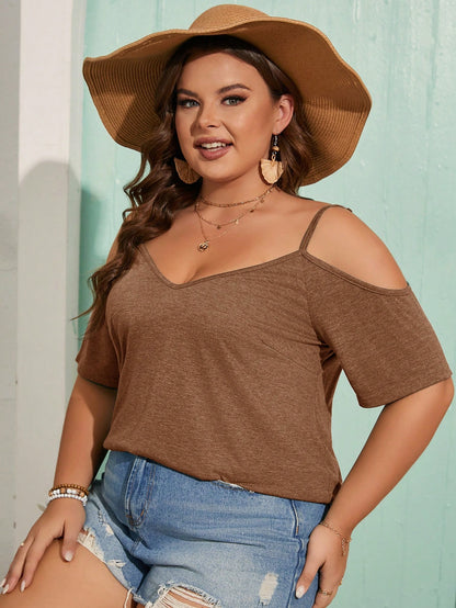 Lounesse Plus Size Olive Green Cold Shoulder Neckline Casual Summer T-Shirt Country Concert Tops, Cute Top