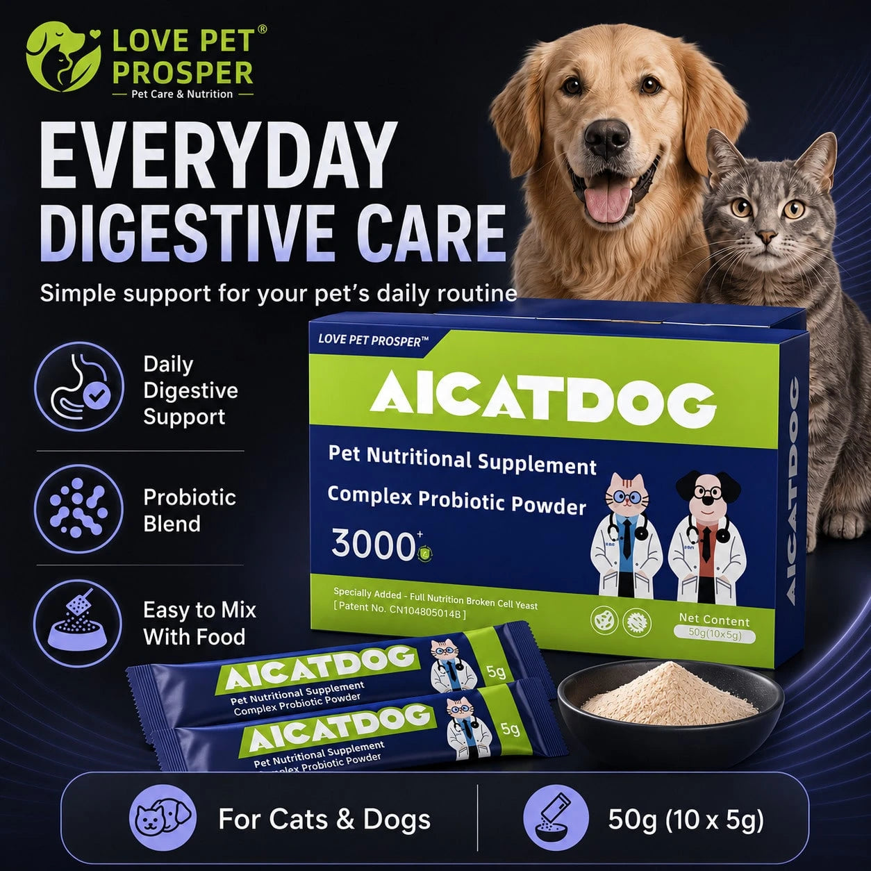 [LOVE PET PROSPER] Probiotic Powder, Daily Intestinal Care Supplement For Dogs And Cats,Nourishes Pet Intestines, Supports Pet Health, Daily Probiotic Supplement Suitable For All PetBreeds.