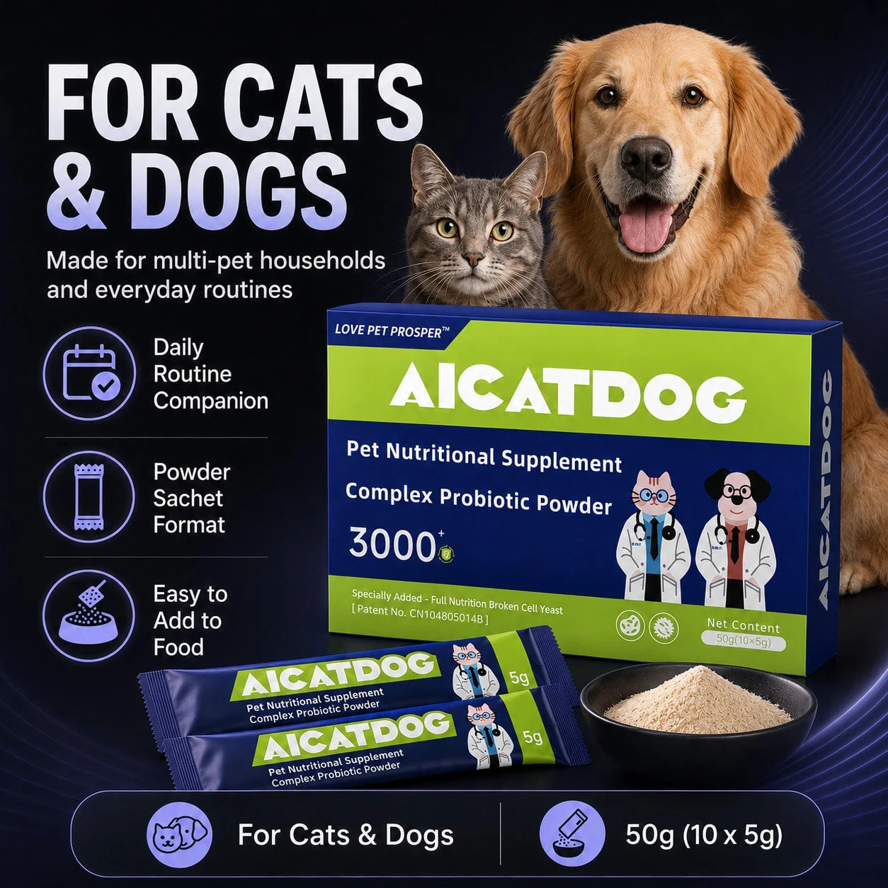 [LOVE PET PROSPER] Probiotic Powder, Daily Intestinal Care Supplement For Dogs And Cats,Nourishes Pet Intestines, Supports Pet Health, Daily Probiotic Supplement Suitable For All PetBreeds.