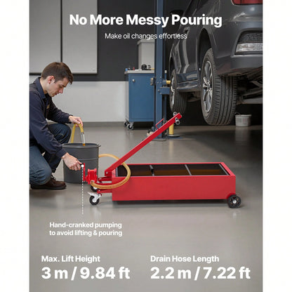 Low Profile Oil Drain Pan, 20 Gallon Capacity, Rolling Oil Drain Pan With Manual Pump, 7.2 Ft Hose & T Folding Handle, Leak-Proof & Corrosion-Resistant, Fit For Cars, SUVs, Trucks, ATVs, Red