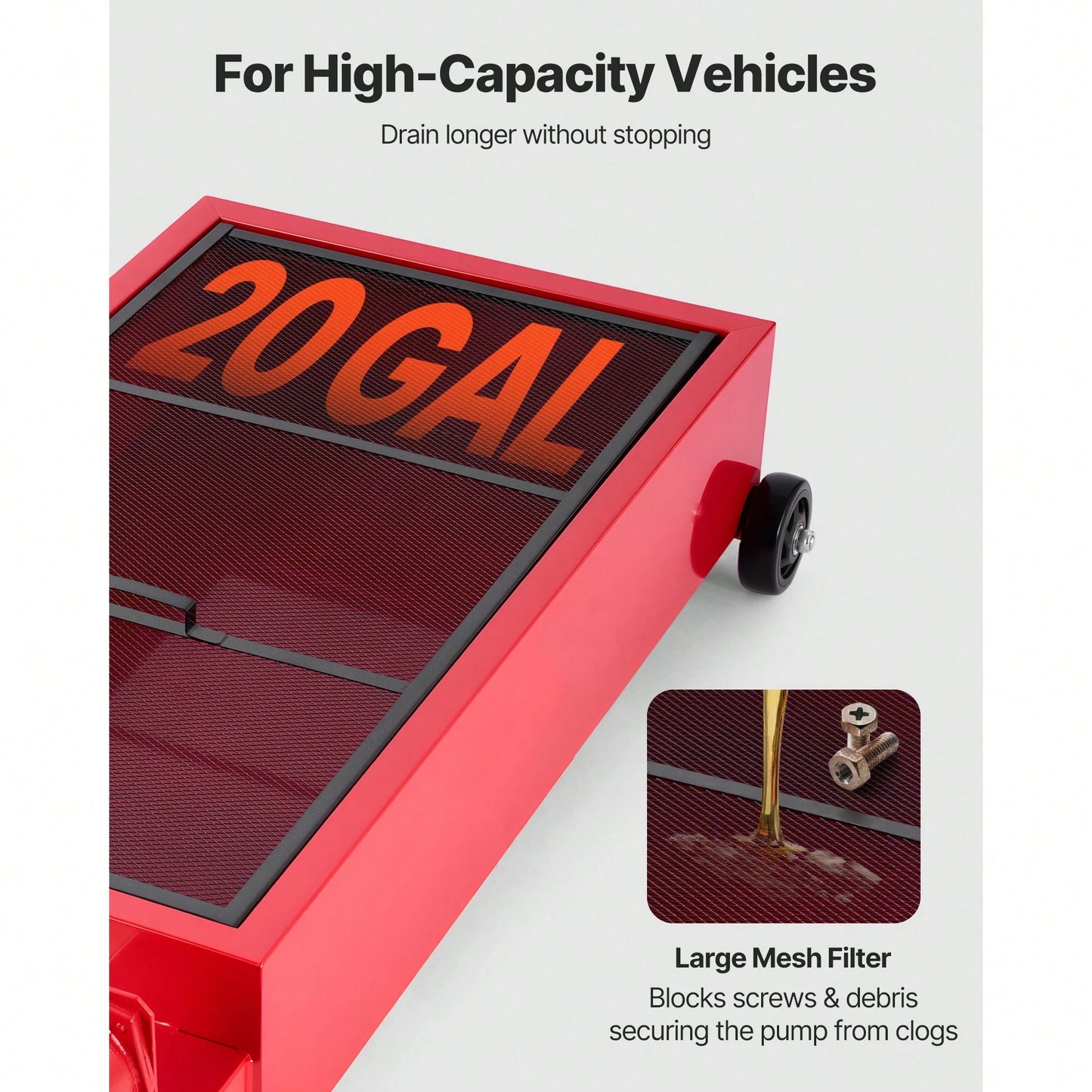 Low Profile Oil Drain Pan, 20 Gallon Capacity, Rolling Oil Drain Pan With Manual Pump, 7.2 Ft Hose & T Folding Handle, Leak-Proof & Corrosion-Resistant, Fit For Cars, SUVs, Trucks, ATVs, Red
