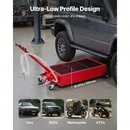 Low Profile Oil Drain Pan, 20 Gallon Capacity, Rolling Oil Drain Pan With Manual Pump, 7.2 Ft Hose & T Folding Handle, Leak-Proof & Corrosion-Resistant, Fit For Cars, SUVs, Trucks, ATVs, Red