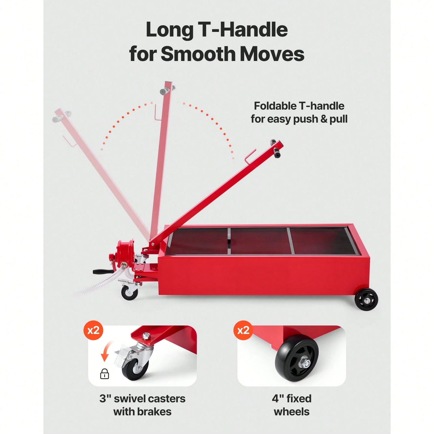 Low Profile Oil Drain Pan, 20 Gallon Capacity, Rolling Oil Drain Pan With Manual Pump, 7.2 Ft Hose & T Folding Handle, Leak-Proof & Corrosion-Resistant, Fit For Cars, SUVs, Trucks, ATVs, Red