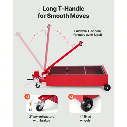 Low Profile Oil Drain Pan, 20 Gallon Capacity, Rolling Oil Drain Pan With Manual Pump, 7.2 Ft Hose & T Folding Handle, Leak-Proof & Corrosion-Resistant, Fit For Cars, SUVs, Trucks, ATVs, Red
