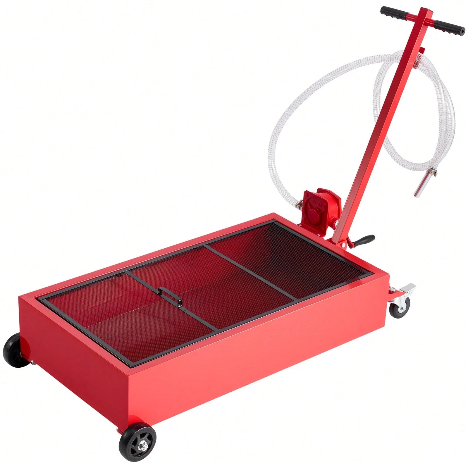 Low Profile Oil Drain Pan, 20 Gallon Capacity, Rolling Oil Drain Pan With Manual Pump, 7.2 Ft Hose & T Folding Handle, Leak-Proof & Corrosion-Resistant, Fit For Cars, SUVs, Trucks, ATVs, Red