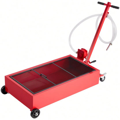 Low Profile Oil Drain Pan, 20 Gallon Capacity, Rolling Oil Drain Pan With Manual Pump, 7.2 Ft Hose & T Folding Handle, Leak-Proof & Corrosion-Resistant, Fit For Cars, SUVs, Trucks, ATVs, Red