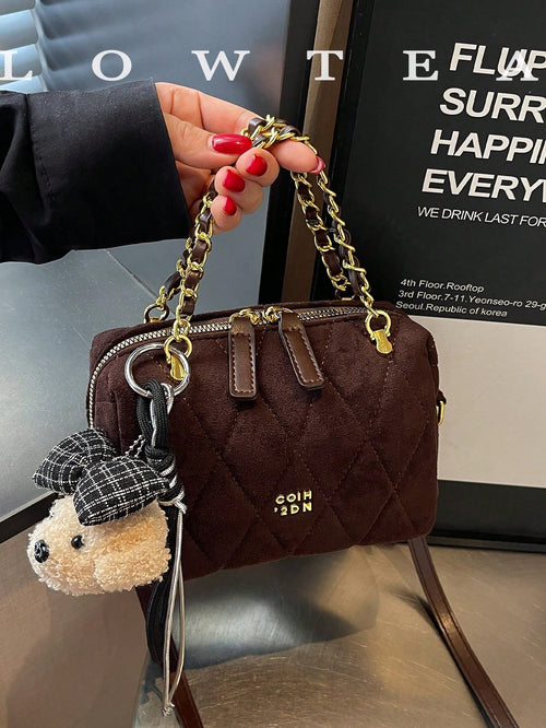 low tea 1pc Minimalist Fashion Square PU Fabric Handbag, Suitable For Commuting, Shopping, Etc. (With Pendant)