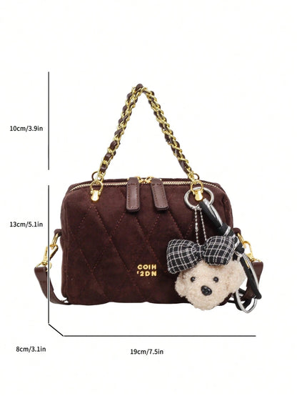 low tea 1pc Minimalist Fashion Square PU Fabric Handbag, Suitable For Commuting, Shopping, Etc. (With Pendant)