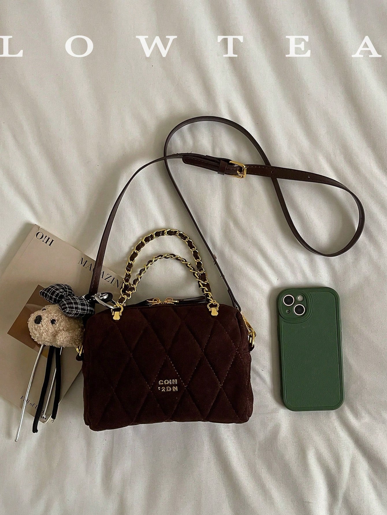 low tea 1pc Minimalist Fashion Square PU Fabric Handbag, Suitable For Commuting, Shopping, Etc. (With Pendant)