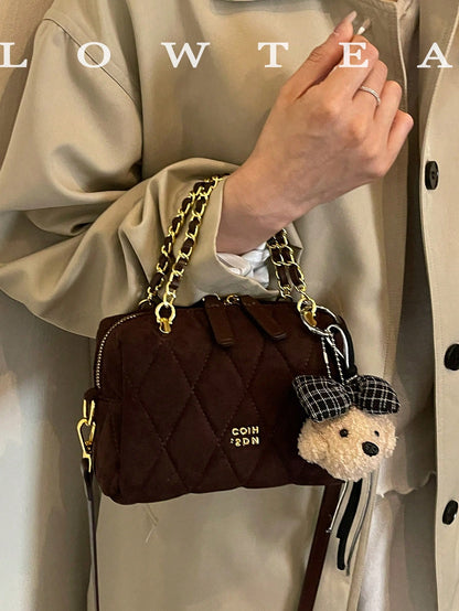 low tea 1pc Minimalist Fashion Square PU Fabric Handbag, Suitable For Commuting, Shopping, Etc. (With Pendant)