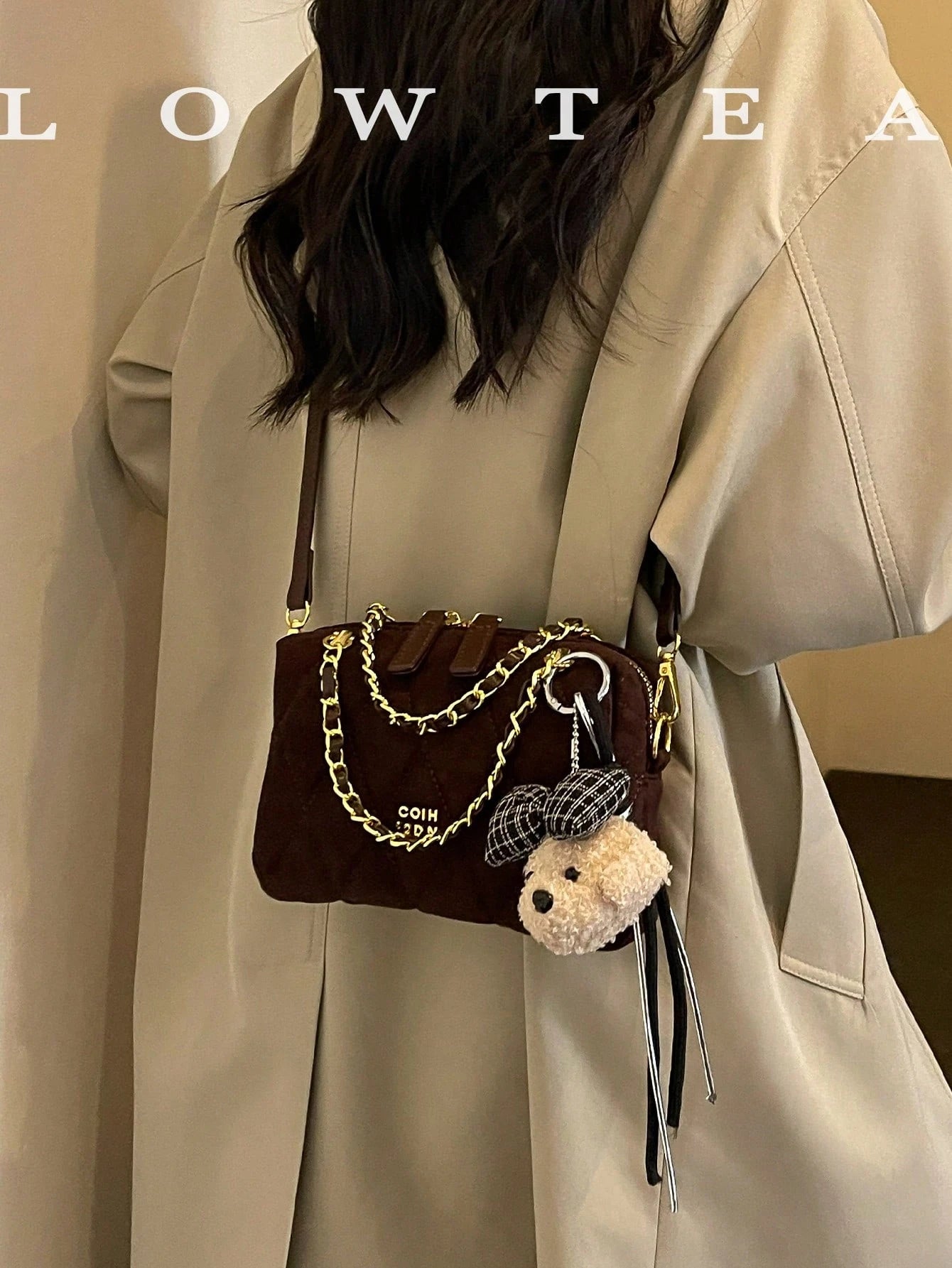 low tea 1pc Minimalist Fashion Square PU Fabric Handbag, Suitable For Commuting, Shopping, Etc. (With Pendant)