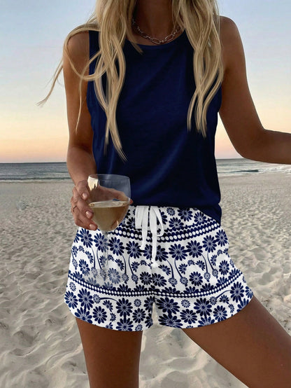 LUNE 2pcs/Set Women Casual Tropical Round Neck Camisole And Shorts Set, Suitable For Summer Women's Short Sets Two Pieces Outfits Beach Vacation Navy Blue