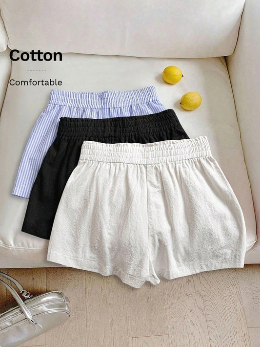 LUNE 3pcs Women's Casual Elastic Waist Shorts Set, Blue And White Striped Off-White Cotton Linen And Comfortable Fabric For Daily Wear, Spring/Summer Home