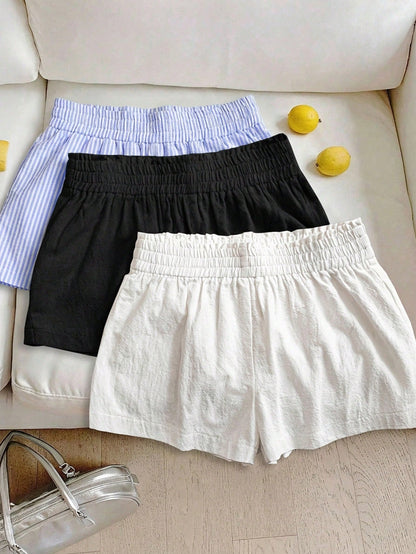 LUNE 3pcs Women's Casual Elastic Waist Shorts Set, Blue And White Striped Off-White Cotton Linen And Comfortable Fabric For Daily Wear, Spring/Summer Home
