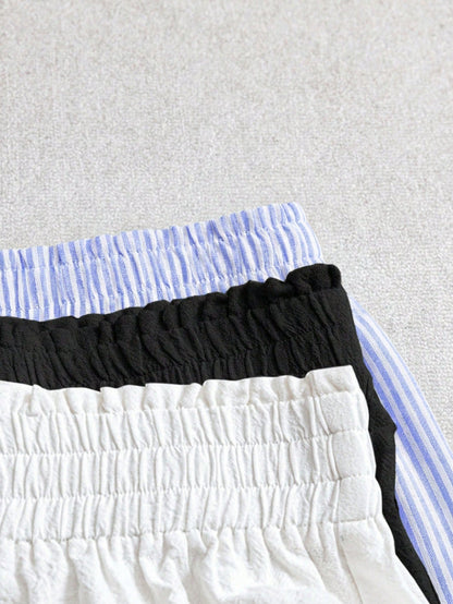 LUNE 3pcs Women's Casual Elastic Waist Shorts Set, Blue And White Striped Off-White Cotton Linen And Comfortable Fabric For Daily Wear, Spring/Summer Home