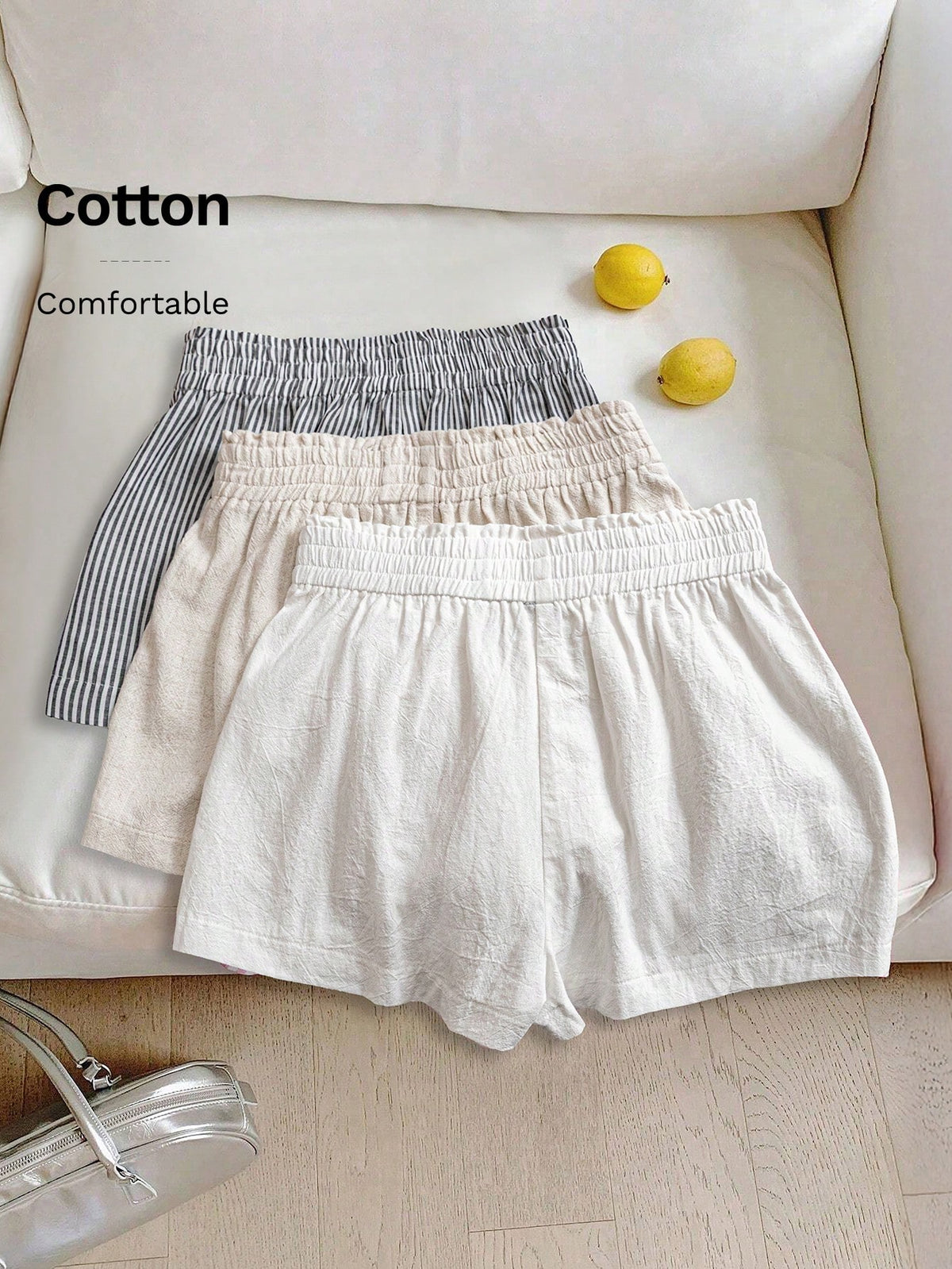 LUNE 3pcs Women's Casual Elastic Waist Shorts Set, Blue And White Striped Off-White Cotton Linen And Comfortable Fabric For Daily Wear, Spring/Summer Home