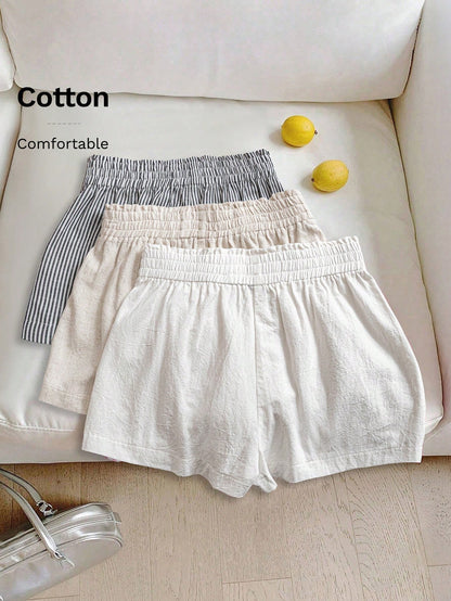 LUNE 3pcs Women's Casual Elastic Waist Shorts Set, Blue And White Striped Off-White Cotton Linen And Comfortable Fabric For Daily Wear, Spring/Summer Home