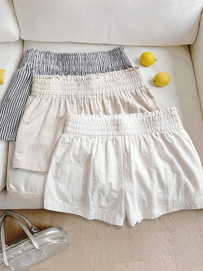 LUNE 3pcs Women's Casual Elastic Waist Shorts Set, Blue And White Striped Off-White Cotton Linen And Comfortable Fabric For Daily Wear, Spring/Summer Home