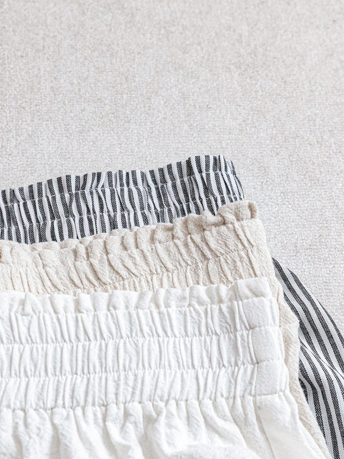 LUNE 3pcs Women's Casual Elastic Waist Shorts Set, Blue And White Striped Off-White Cotton Linen And Comfortable Fabric For Daily Wear, Spring/Summer Home