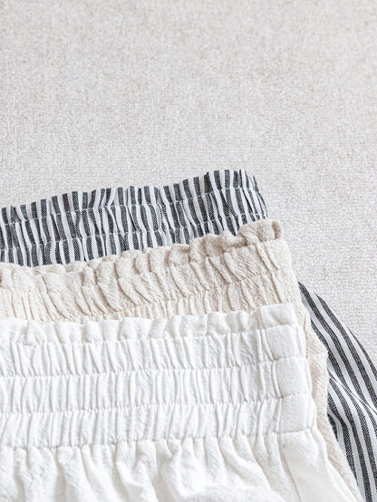 LUNE 3pcs Women's Casual Elastic Waist Shorts Set, Blue And White Striped Off-White Cotton Linen And Comfortable Fabric For Daily Wear, Spring/Summer Home