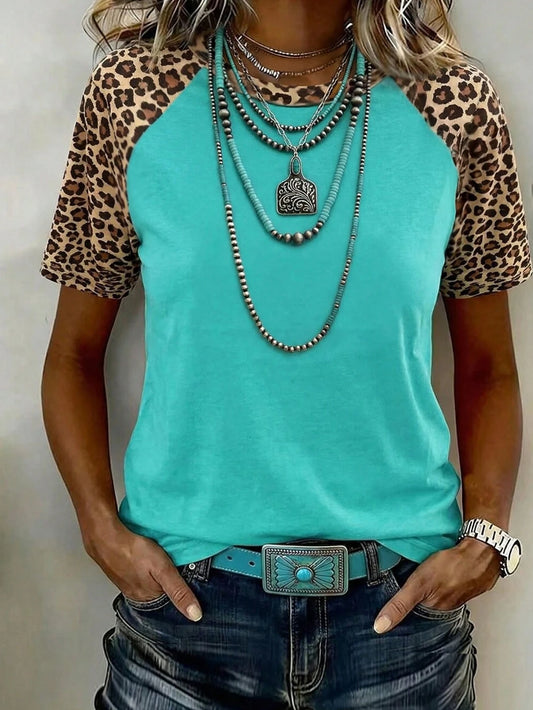 LUNE Casual Leopard Print Patchwork Short Sleeve T-Shirt, Summer