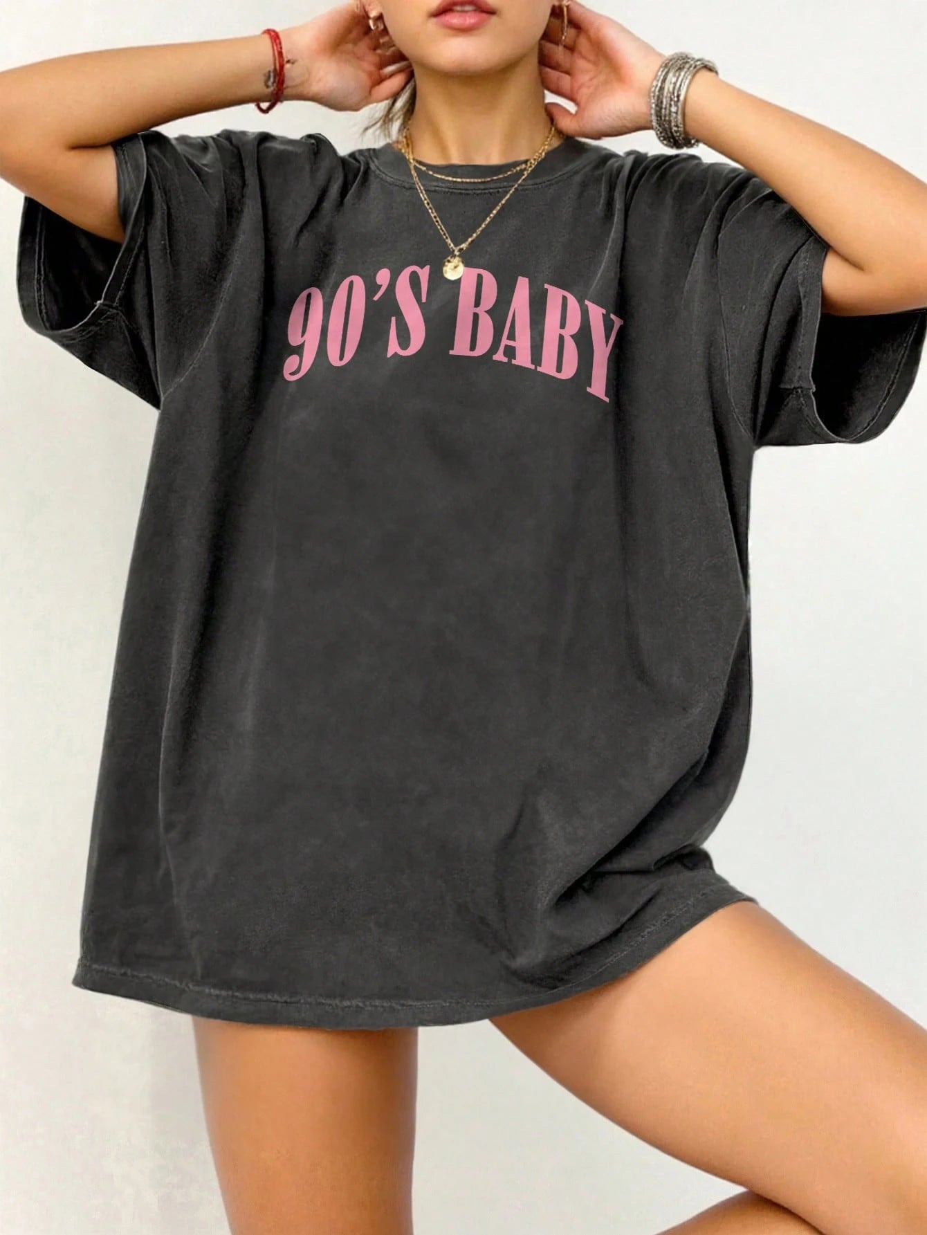 LUNE Plus Size Women Letter Print Round Neck Short Sleeve Casual Loose T-Shirt