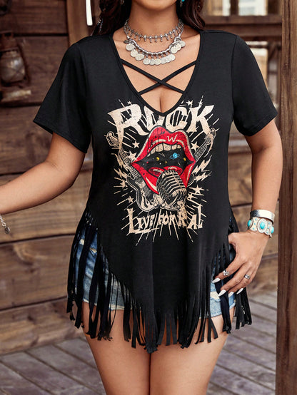 LUNE Plus Size Women's Black Summer Grunge Rock Concert Music Festival Western Style Print V-Neck Cross Strap Open Shoulder Tassel Short-Sleeved T-Shirt