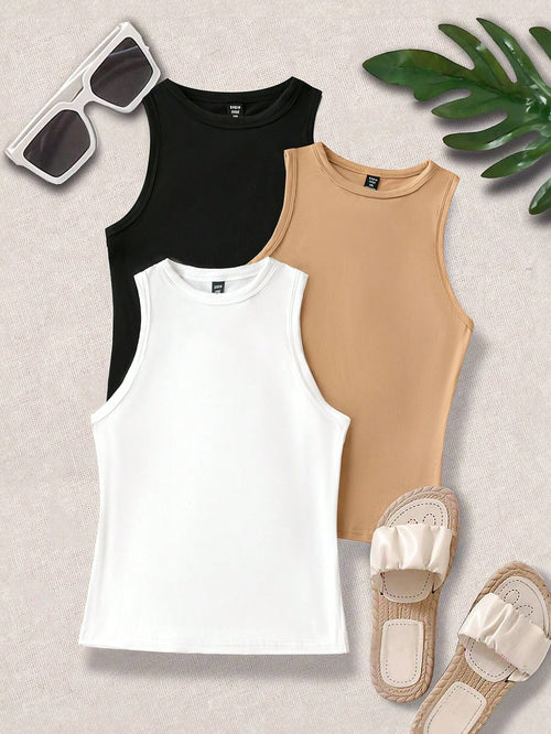 LUNE Plus Size Women Solid Color Round Neck Casual Tank Top