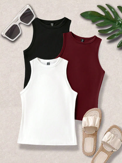 LUNE Plus Size Women Solid Color Round Neck Casual Tank Top