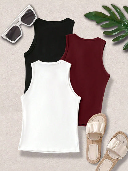 LUNE Plus Size Women Solid Color Round Neck Casual Tank Top