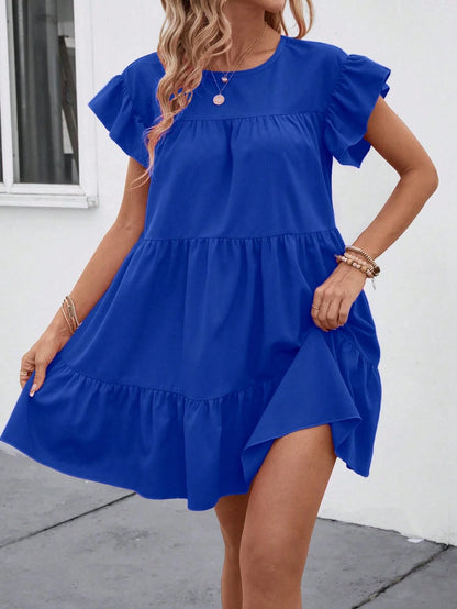 LUNE Solid Ruffle Hem Smock Dress For Holiday