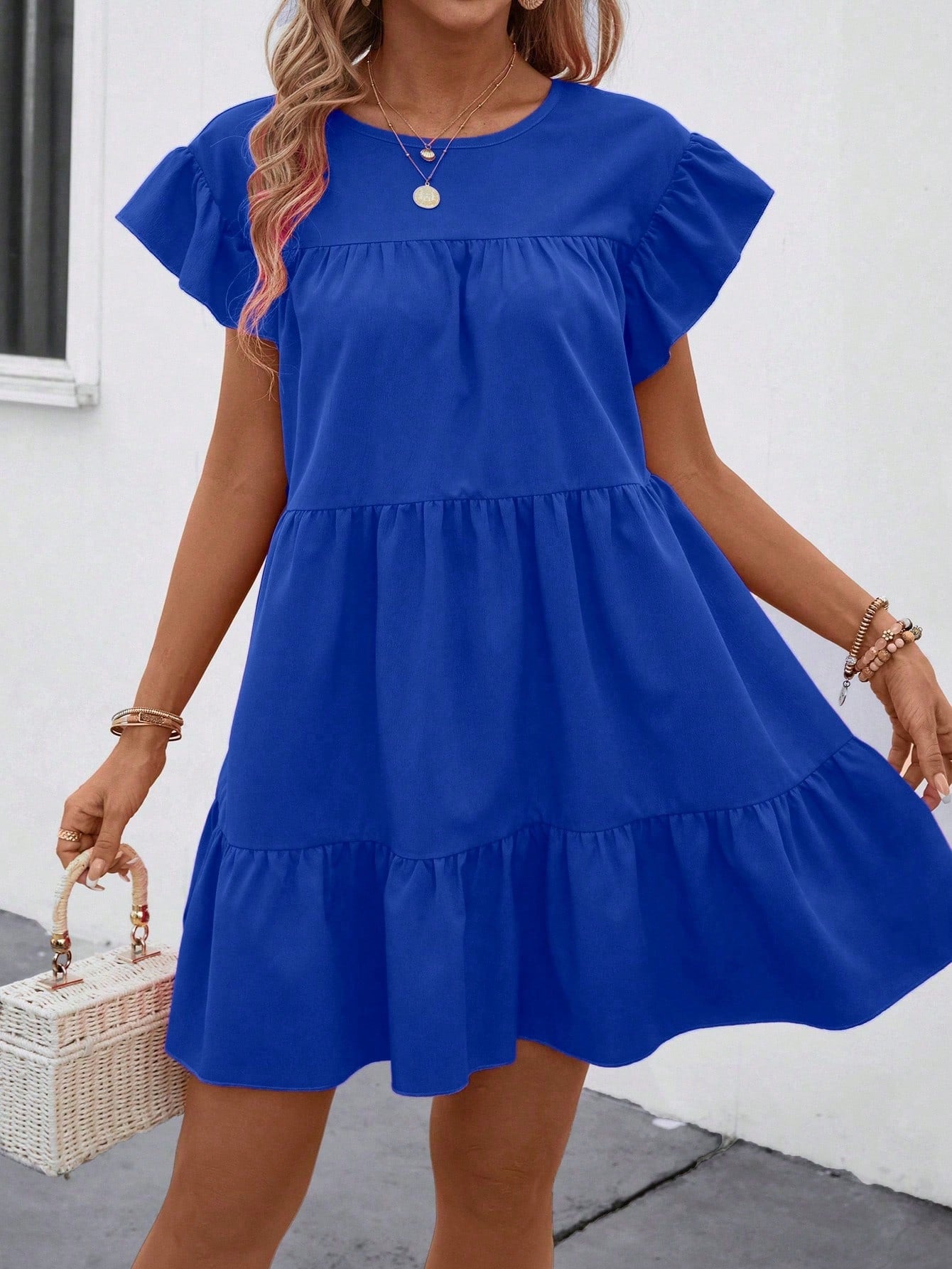 LUNE Solid Ruffle Hem Smock Dress For Holiday