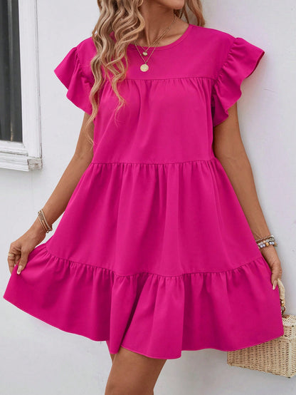LUNE Solid Ruffle Hem Smock Dress For Holiday