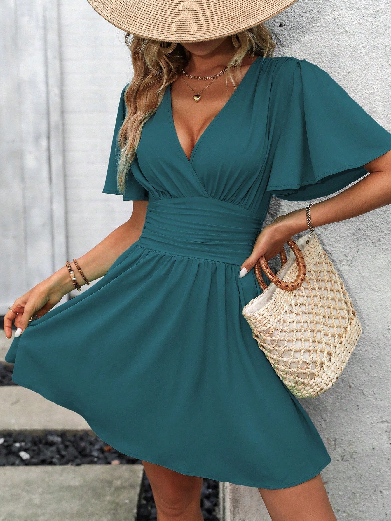LUNE Women's Casual Solid Color Waist Ruffle Sleeve Dress, Summer