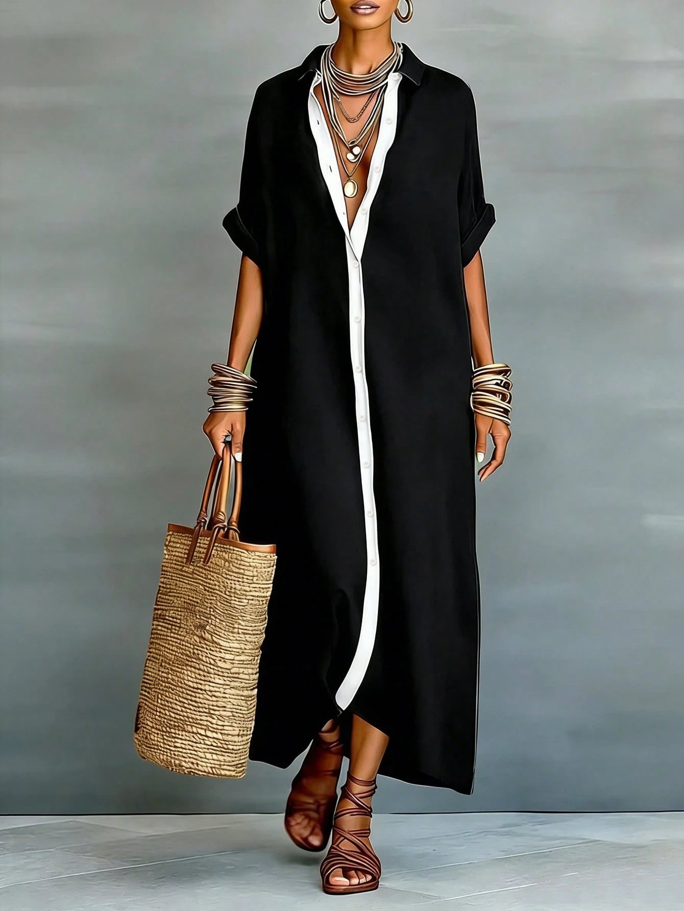 LUNE Women's Linen-Like Loose Patchwork Long Casual Dress