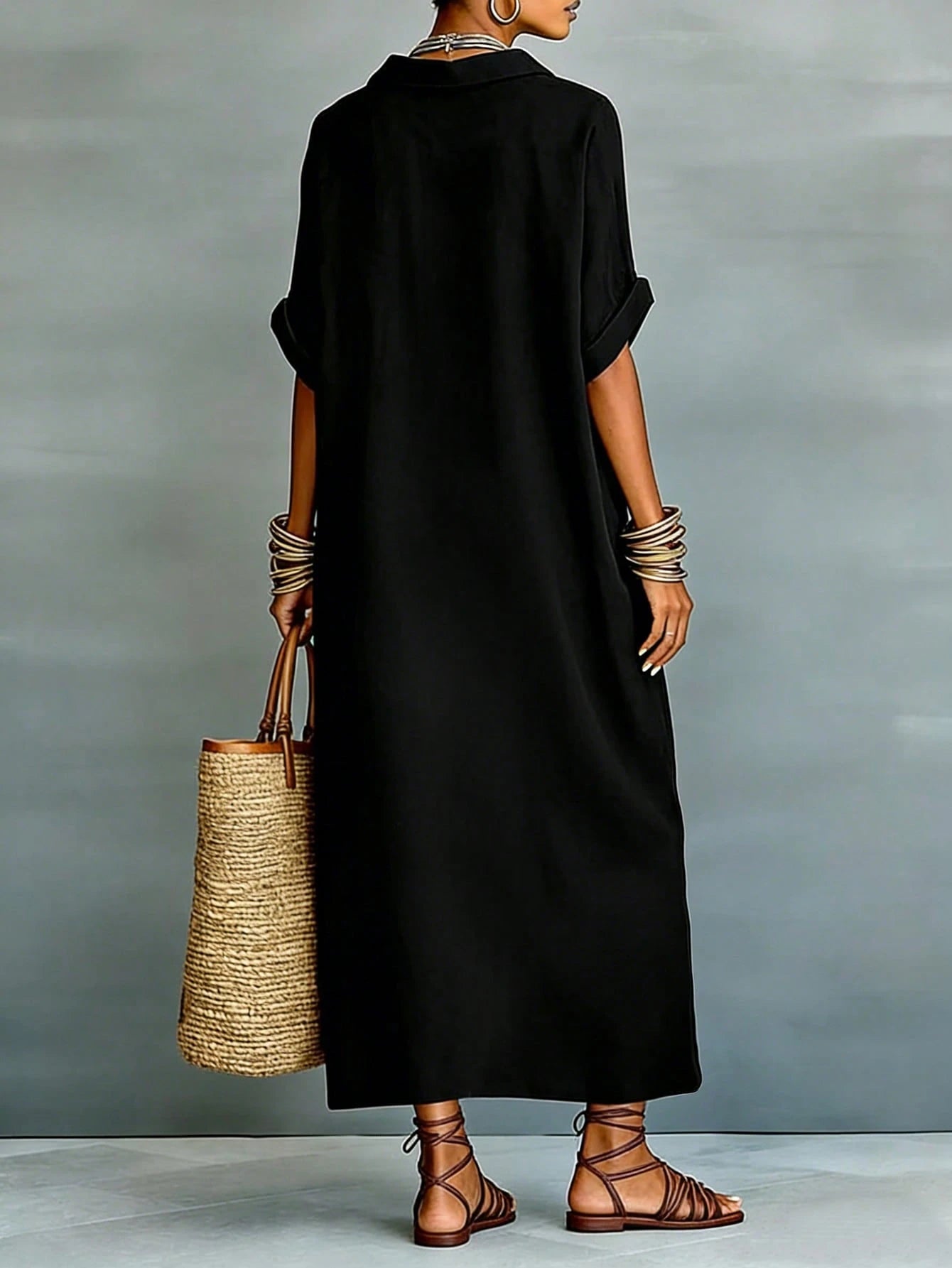 LUNE Women's Linen-Like Loose Patchwork Long Casual Dress