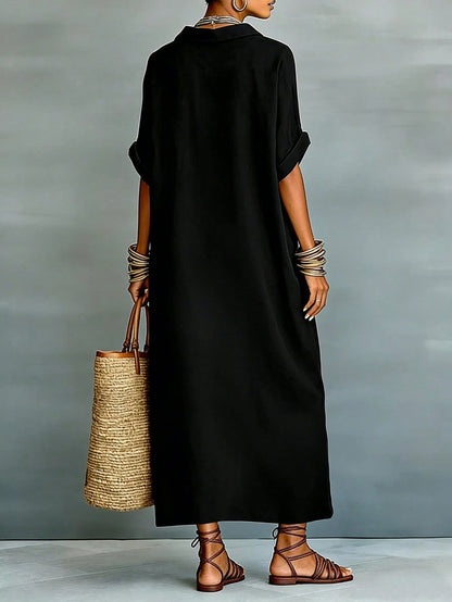 LUNE Women's Linen-Like Loose Patchwork Long Casual Dress