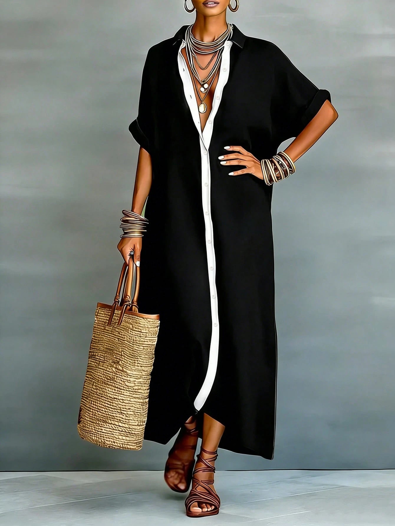 LUNE Women's Linen-Like Loose Patchwork Long Casual Dress
