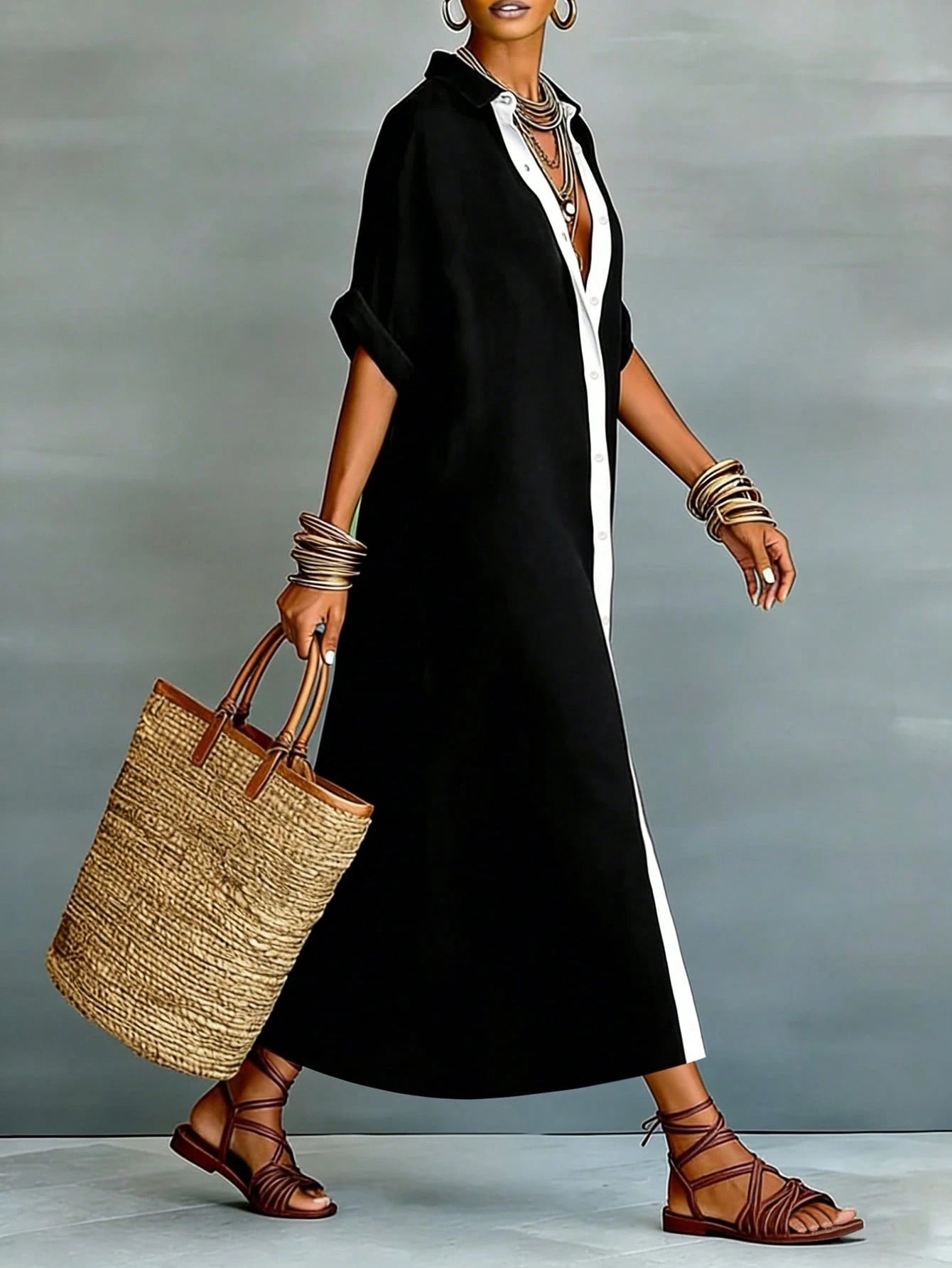 LUNE Women's Linen-Like Loose Patchwork Long Casual Dress