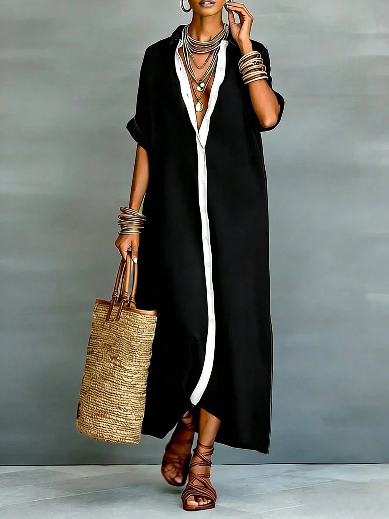 LUNE Women's Linen-Like Loose Patchwork Long Casual Dress
