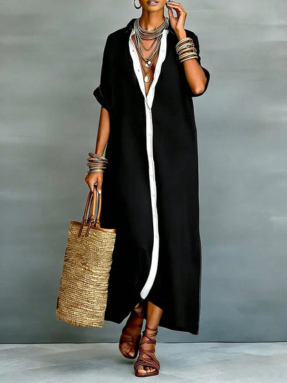 LUNE Women's Linen-Like Loose Patchwork Long Casual Dress