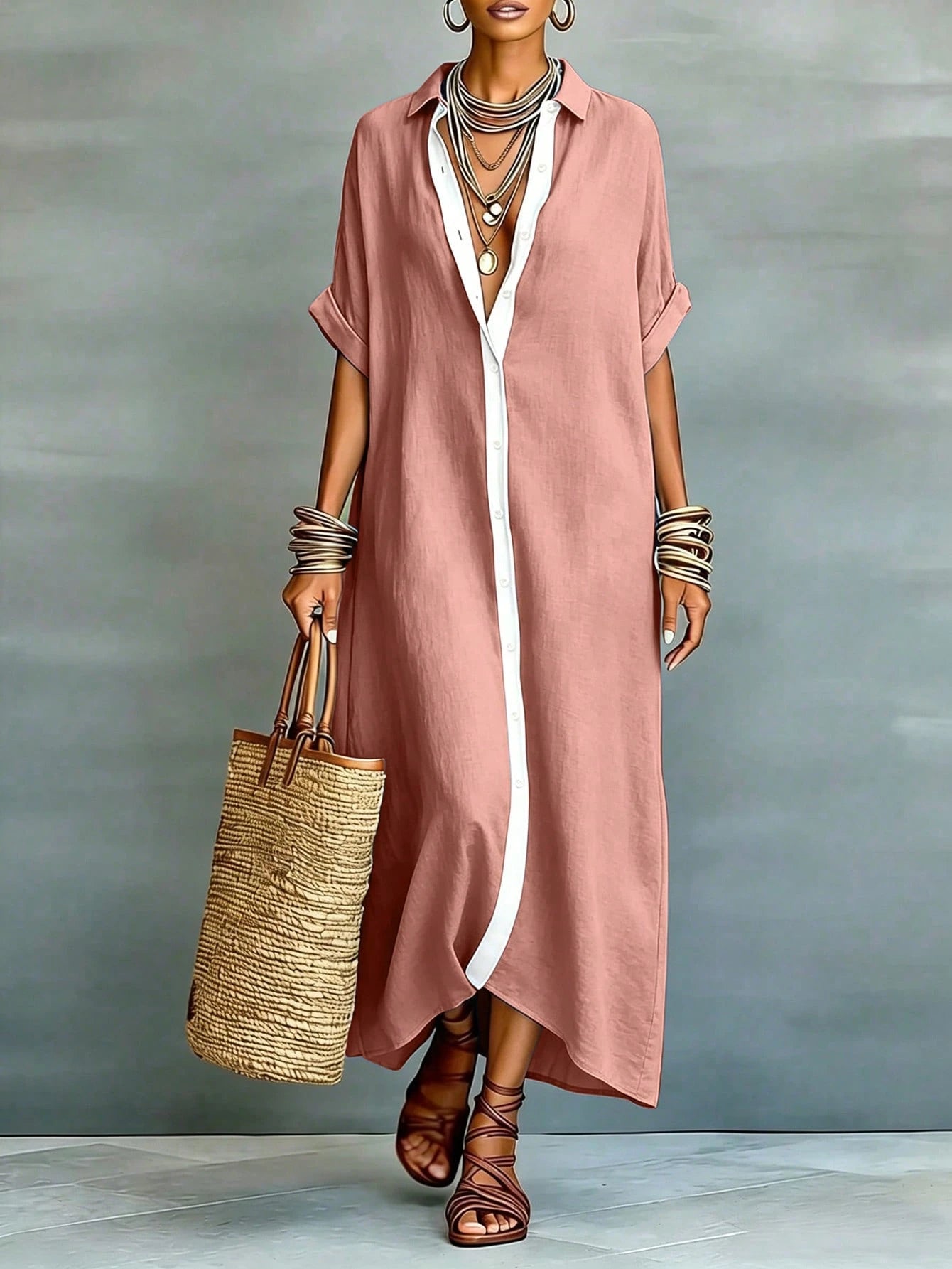 LUNE Women's Linen-Like Loose Patchwork Long Casual Dress