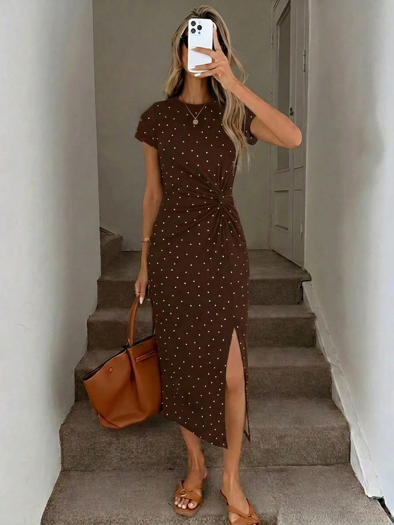 LUNE Women's Printed Summer Casual Elegant Waist Knot High Slit Sleeveless Midi Dress, Knit Textured Bodycon Dress, Birthday Outfit, Fitness Set, Wedding Guest Dress, Office Wear, Brown Polka Do