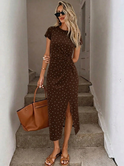 LUNE Women's Printed Summer Casual Elegant Waist Knot High Slit Sleeveless Midi Dress, Knit Textured Bodycon Dress, Birthday Outfit, Fitness Set, Wedding Guest Dress, Office Wear, Brown Polka Do