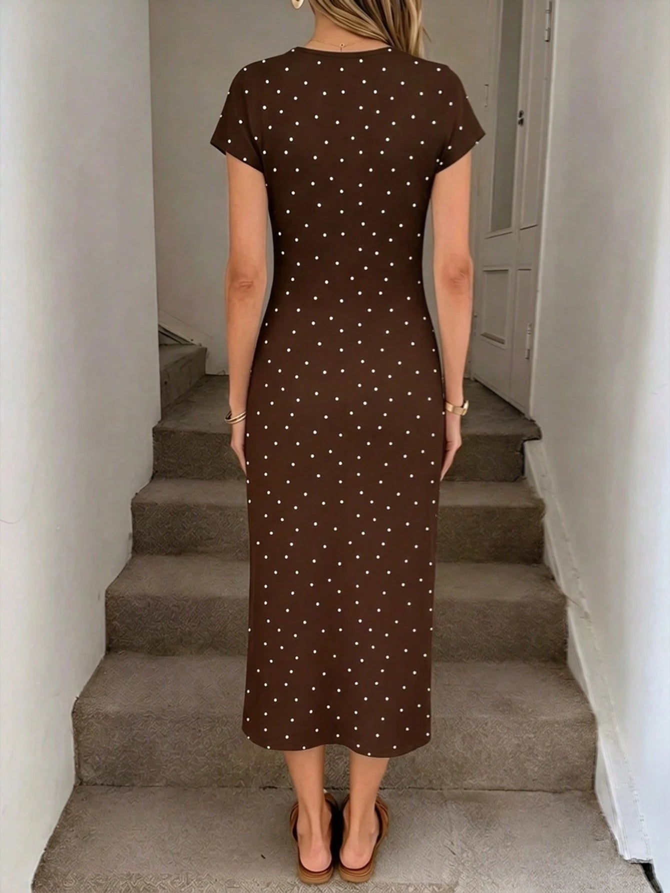 LUNE Women's Printed Summer Casual Elegant Waist Knot High Slit Sleeveless Midi Dress, Knit Textured Bodycon Dress, Birthday Outfit, Fitness Set, Wedding Guest Dress, Office Wear, Brown Polka Do