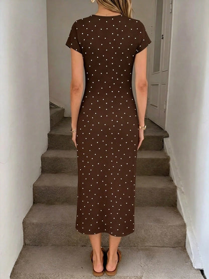 LUNE Women's Printed Summer Casual Elegant Waist Knot High Slit Sleeveless Midi Dress, Knit Textured Bodycon Dress, Birthday Outfit, Fitness Set, Wedding Guest Dress, Office Wear, Brown Polka Do