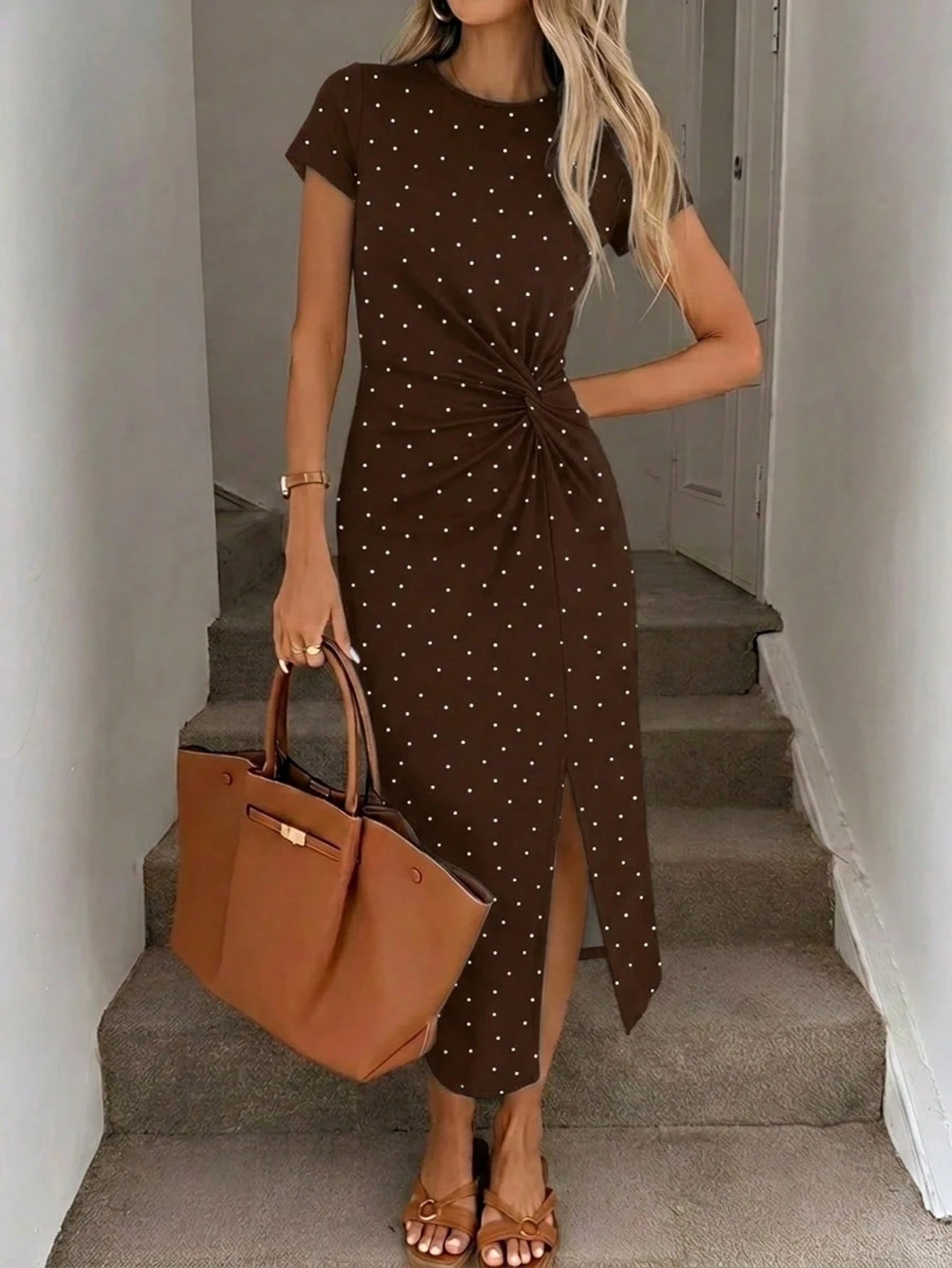 LUNE Women's Printed Summer Casual Elegant Waist Knot High Slit Sleeveless Midi Dress, Knit Textured Bodycon Dress, Birthday Outfit, Fitness Set, Wedding Guest Dress, Office Wear, Brown Polka Do