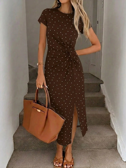 LUNE Women's Printed Summer Casual Elegant Waist Knot High Slit Sleeveless Midi Dress, Knit Textured Bodycon Dress, Birthday Outfit, Fitness Set, Wedding Guest Dress, Office Wear, Brown Polka Do