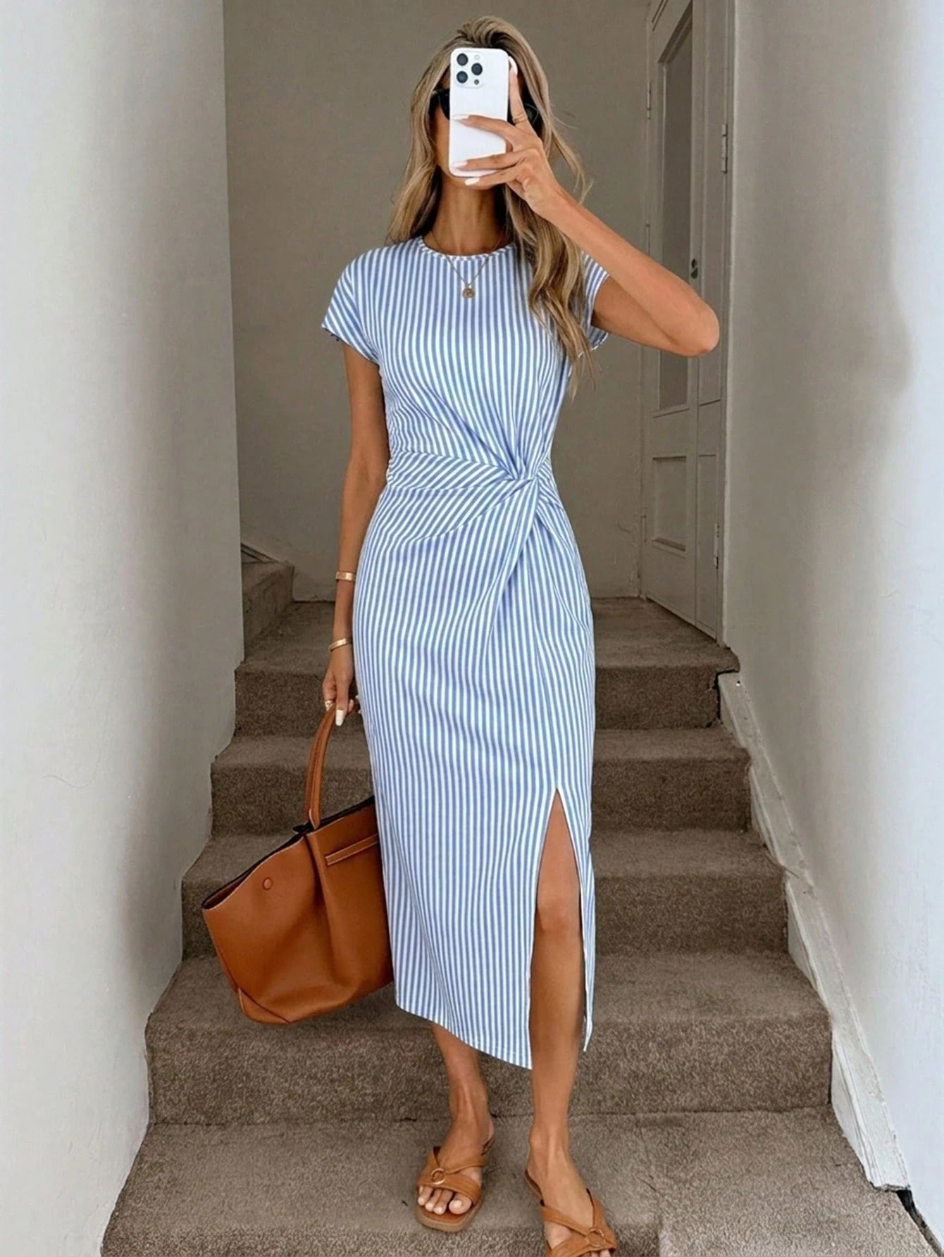 LUNE Women's Printed Summer Casual Elegant Waist Knot High Slit Sleeveless Midi Dress, Knit Textured Bodycon Dress, Birthday Outfit, Fitness Set, Wedding Guest Dress, Office Wear, Brown Polka Do